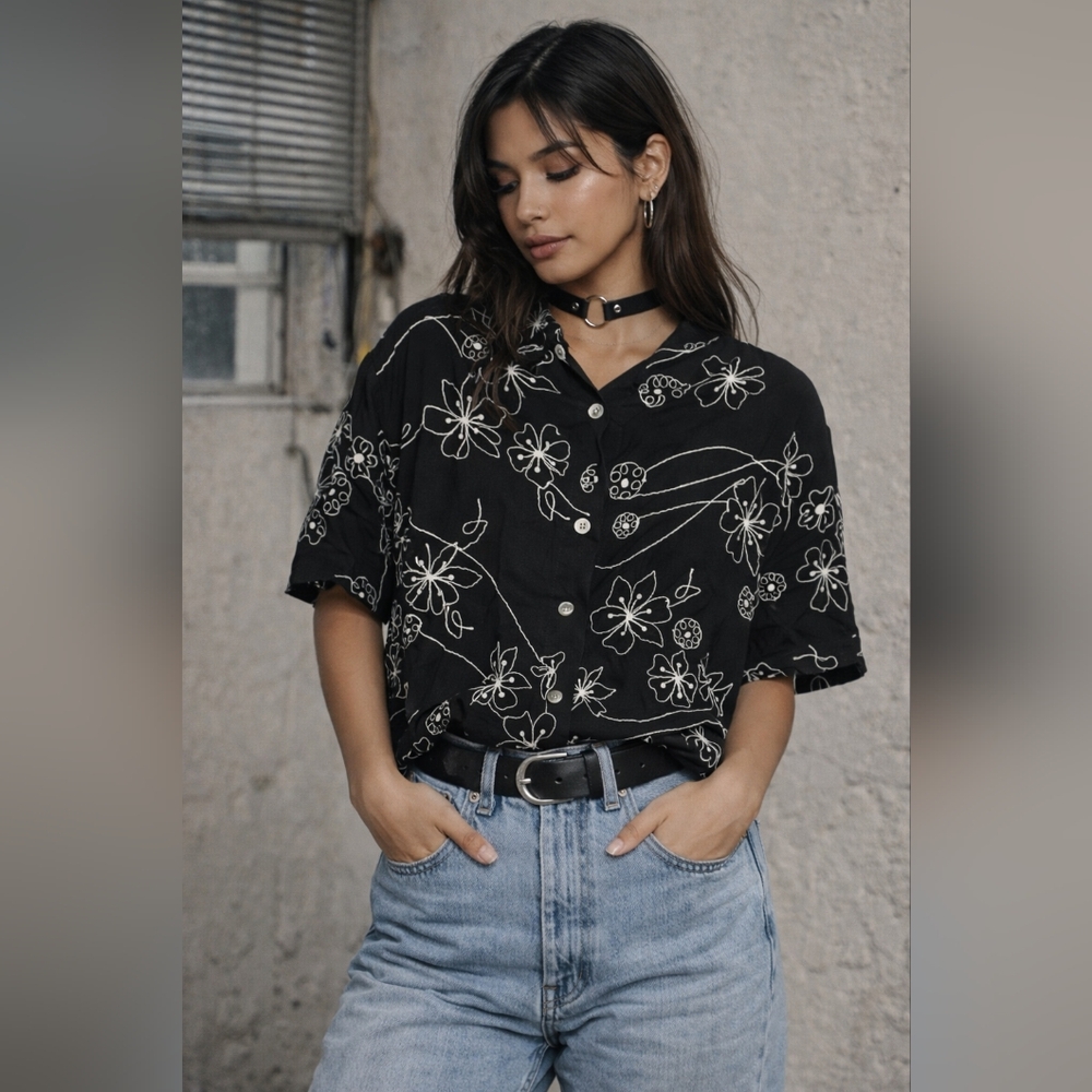 90s Style Tantrums Black Embroidered Button Down Floral Shirt Grunge Streetwear
